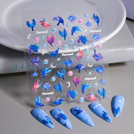 5D Embossed Nail Stickers for Summer Nail Art with Mermaid Tail Design Nail Decals Self-Adhesive Nail Art Stickers Moon Bubbles for Artificial Nails Supplies for Women Manicure Decorations