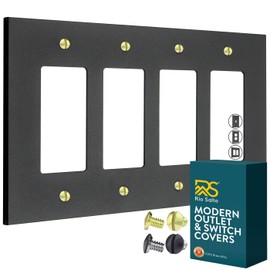 RIO SALTO Modern Metal Matte Black Quad Decorator Wall Outlet Cover Light Switch Cover Double Rocker Decora Electrical Decorator Wall Plate Electric Outlet Covers Black Receptacle - Midsize 4 Gang