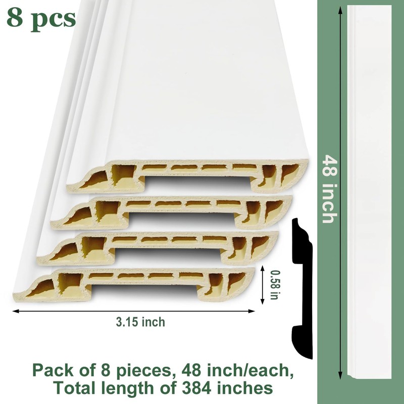Wall Baseboard Molding Trim,8-Pack of 48 x 3.15 in, White