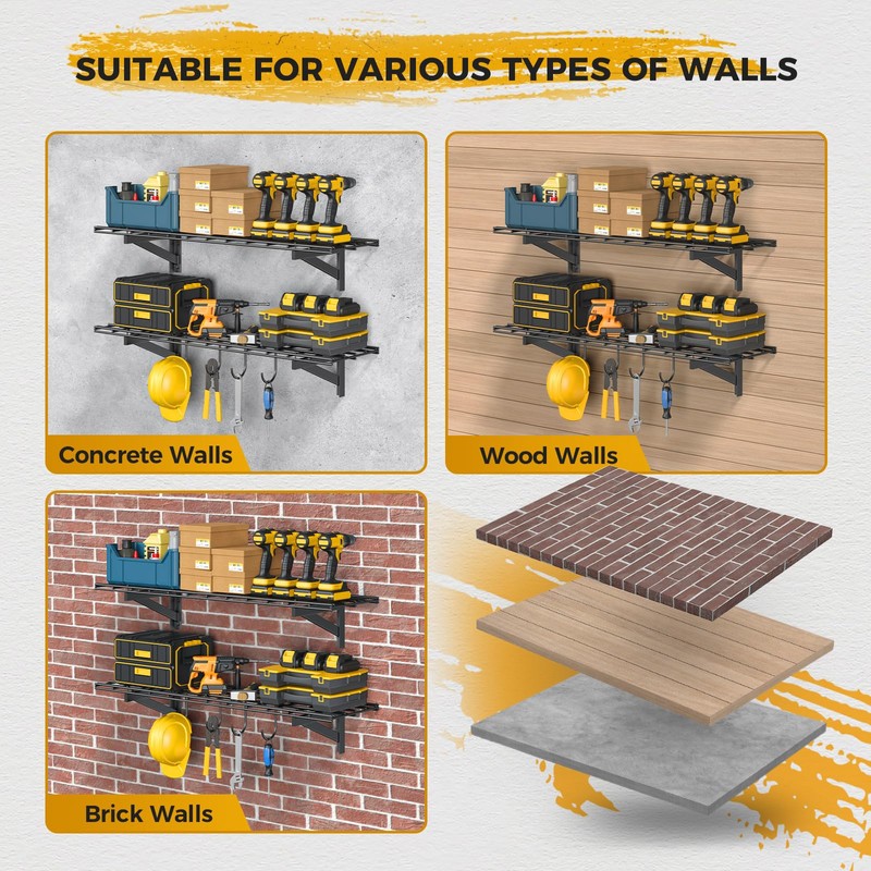 Jusgym 2 Pack Garage Wall Shelving with 4 Hooks, 1x4ft,