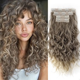 Curly Hair Extensions,LEOSA 4PCS 16 inch Clip in Hair Extensions Short Soft Natural Hairpiece Lace Weft Curly Wave Clip Ins Extensions Invisible for Women,Glazed Mocha to Blonde Highlights