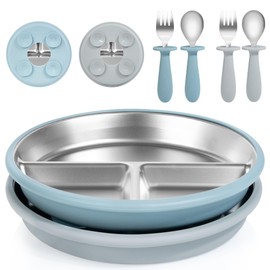 Bella's Friends Baby Feeding Set, 2 Pack Stainless Steel Divided Plate with Silicone Suction, 2 Set Spoons and Forks, BPA Free, Dishwasher Safe, Baby Led Weaning Supplies, Toddler Utensils, gray blue