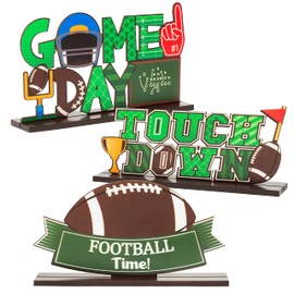 Haooryx 3Pcs Football Wood Table Decoration Centerpiece Signs, Football Time Game Day Touchdown Letter Sign Detachable Wooden Table Topper for Football Game Soccer Party Home Decorations Supplies
