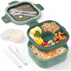 All-in-One Salad Container, 1200ML Large Salad Bowl, Bento Box Tray, Leak-Proof Sauce Container, Airtight Lid, & Fork Bento Box Adult Lunch Box for Women, BPA-Free (Green)