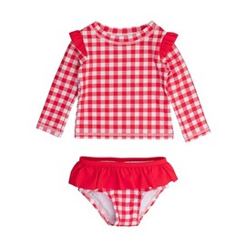 RuffleButts Baby/Toddler Girls Skirted Long Sleeve Rash Guard Bikini UPF50+ Sun Protected Swimsuit - Vintage Red Gingham, 6
