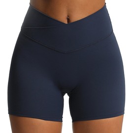 Aoxjox Trinity - Pantalones cortos de ciclismo para mujer, cintura cruzada, cintura alta, control de abdomen, atlético, correr, yoga, 6 pulgadas, marino, XX-Large