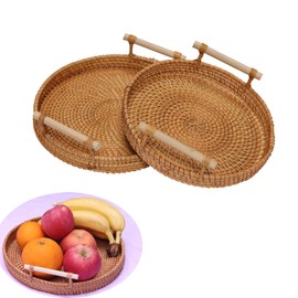 Handmade Rattan Round Rattan Tray - Round Tray with Handles, Suitable for Home Decor, Bread, Fruits, Vegetables, Restaurant Cutlery and Tabletop Display