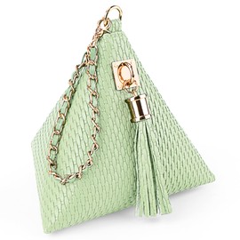 Leather Triangle Wristlet Clutch Purse Handbag - Pyramid Evening Cocktail Wallet Detachable Strap & Tassel Charm