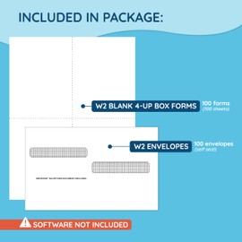 Blank 2025 W2 4 Up Tax Forms, 100 Employee Sets, Compatible with QuickBooks Online, Ideal for E-Filing, Works with Laser or Inkjet Printers, 100 Sheets and 100 Self Seal Envelopes
