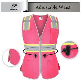 Hi Vis Safety Vest for Women, Working Drawstring waist Construction Vest with Pockets and Zipper, Womens Safety Vest, ANSI Type R Class2