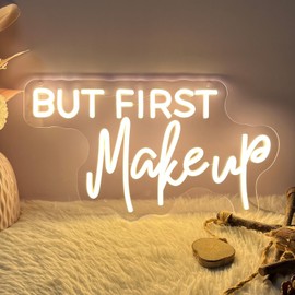 But First Make Up Neon Sign For Spa Beauty Room Nail Brows Lashed Salon Studio LED Wall Art Decor For Business Stores Logo Barber Shops Led Word Indoor Neon Lights 5V USB Powered Warm White 40×22.4 CM