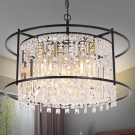 KINGTORO Black Crystal Chandelier for Dining Room, 24" Modern Foyer Lighting Fixture,Adjustable Chain Length, Ceiling Drum Pendant Light Fixture for Kitchen Island Entryway Foyer Hallway Living Room