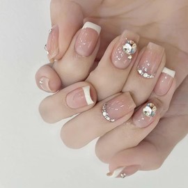 Pink Press on Nails French Tip Fake Nails with Rhinestone Designs Square False Nails White Tip Glue on Nails Cute Artificial Nails Medium Stick on Nails for Women Full Cover Glossy Acrylic Nails
