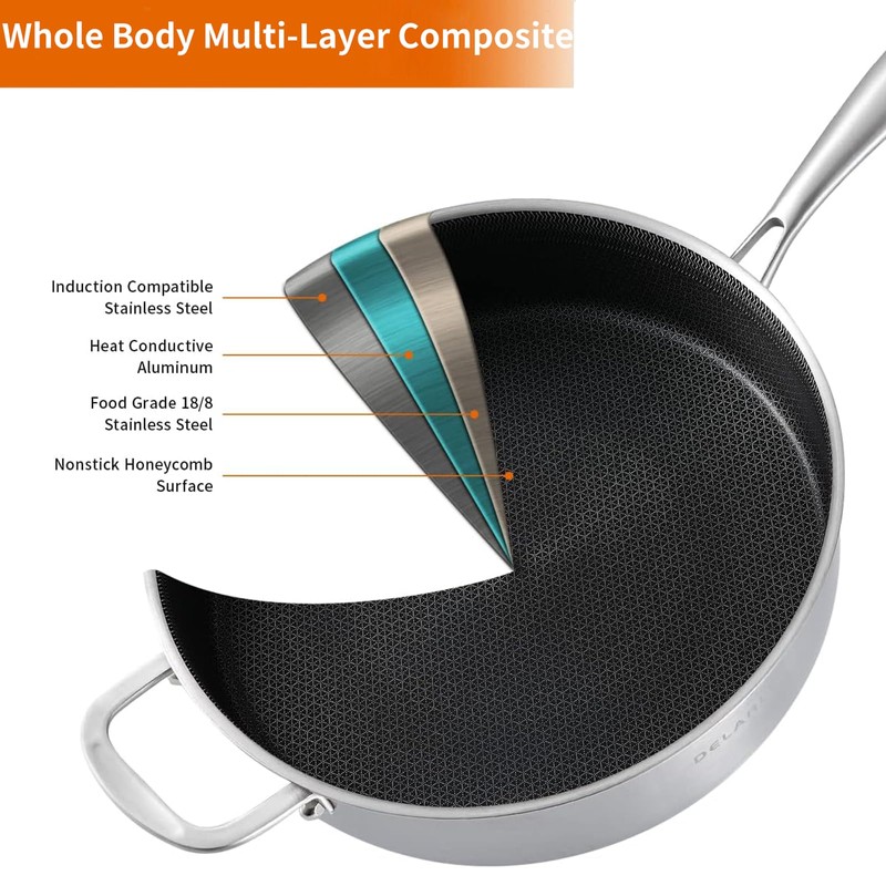 DELARLO Tri-Ply Stainless Steel 12 Inch Deep Frying Pan with