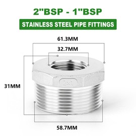TAISHER 2 PCS 304 Stainless Steel Reducer Hex Bushing, 2" BSP Male x 1" BSP Female, Reducing Pipe Adapter Fitting, for Water Oill Air Gas