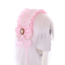 C-04-3 Pink Maid Lolita Headband with Bow Pearl Necklace Gothic Hair Accessories Headband