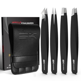 Tweezers Set of 4 - Professional Professional Precision Tweezers Made of Stainless Steel - Pointed Tweezers for Ingrown Hair, Beard, Eyelashes & Eyebrows - Includes Case