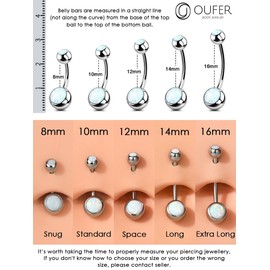 OUFER 14G Belly Button Piercing Titanium Piercing Navel Long Short White Opal Gemstone Balls Belly Button Piercing Navel Bars Silver 1.6 mm Navel Ring Woman Jewellery, Titanium