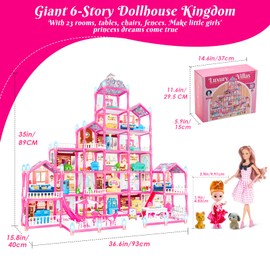 Rongmeiz 6-Story Doll House Large DIY Playhouse for Girls, Little Girl Dream House with Furniture, Little Dog Toy, 2 Princess Figures and Slide, Creative Construction Toy for Birthdays & Christmas