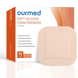 Ourmed Soft Flex Silicone Foam Dressings(6"x 6", Pack of 10) Sterile, Highly Absorbent, Waterproof, Gentle Border, Wound Care for Bed Sores, Pressure Ulcers