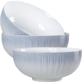 Dyware 60 oz Large Soup Bowl, Pho Bowls, 8-Inch Fluted White Porcelain Bowls Set of 3, Perfect for Hearty Meals and Serving - Blue White Ombre