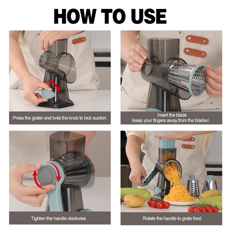 Cheese Grater Cheese Shredder with 3 Interchangeable Blades, Rotary Cheese