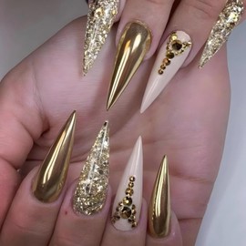 MISUD Press on Nails Long Stiletto Fake Nails Glossy Glue on Nails Gold Chrome Acrylic Nails Almond Artificial Nails Bling Glitter Stick on False Nails with Rhinestone Design 24 pcs
