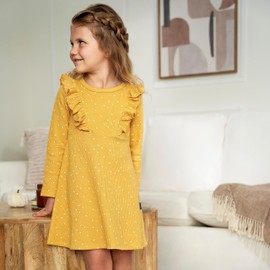 Gerber Baby Girls' Toddler Long Sleeve Dress with Ruffle Detail, Yellow Dots, 12 Months