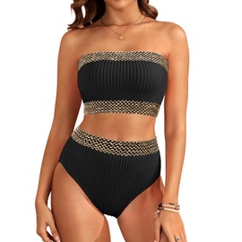 Daci Women Two Piece Bikini Set - Bandeau Strapless Bikini Top with High Waist Bikini Bottom Bathing Suits Swimwear, Black Golden, Small