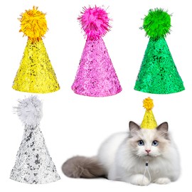 Grevosea 4 Pieces Mini Party Hats, Multi-Color Dog Hats Cat Hats with Pompoms Adjustable Dog Birthday Hat Headbands Mini Birthday Hats for Cats Dogs Stuffed Animals Costume Accessories