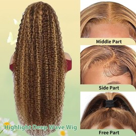 30 Inch Highlight Ombre Deep Wave Lace Front Wigs Human Hair 200 Density 13x6 HD Lace Front Wigs Human Hair Pre Plucked #4/27 Deep Curly Human Hair Wigs Honey Blonde Wet Wavy Lace Frontal Wigs
