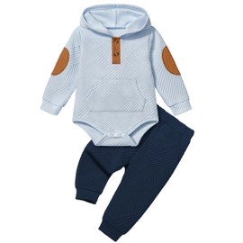 Fommy Baby Boy Clothes 0-3 Month Boy Outfits Light Blue Colorblocked Long Sleeve Hoodie + Black Long Pants 2PCS Fall Winter Outfits Set