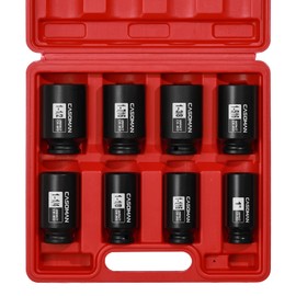 CASOMAN 1/2-Inch Drive Deep Spindle Axle Nut Impact Socket Set, 6 Point, CR-MO, SAE, 1" to 1-1/2", 8-Piece 1/2" Dr. Deep Impact Socket Set