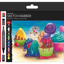 Marabu 0148000000100 Sketch Marker Graphix Set of 12 Sugarholic Japanese Double Tip 1-7 mm Chisel Tip and 1 mm Fine, Brilliant, Quick-Drying, Alcohol-Based Ink, Low Odour and Waterproof