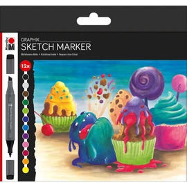 Marabu 0148000000100 Sketch Marker Graphix Set of 12 Sugarholic Japanese Double Tip 1-7 mm Chisel Tip and 1 mm Fine, Brilliant, Quick-Drying, Alcohol-Based Ink, Low Odour and Waterproof