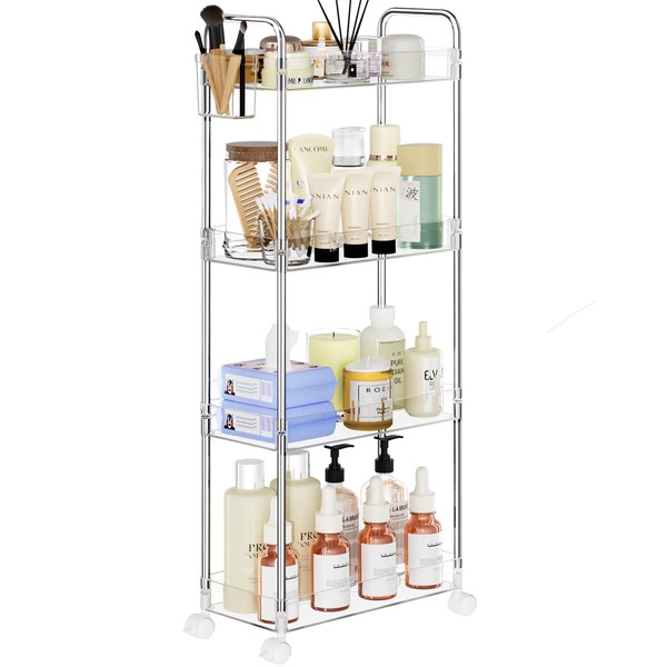 SPACEKEEPER Acrylic Rolling Storage Cart 4 Tier Clear Bathroom Cart