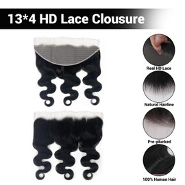 Filelf 13x4 Skinlike Real Hd Lace Closure,Ultra Thin Real Hd Lace Single Knot 100% Human Hair Frontal Natural Hairline Body Wave Natural Black 14 Inch
