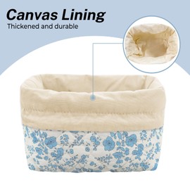 LJCZKA Cotton Quilted Drawstring Makeup Bag with Canvas Lining,Aesthetic Cute Travel Toiletry Bag,Portable Organizer Small Make up Bag for Purse Gift Bag for Women and Girls (BlueFlower)