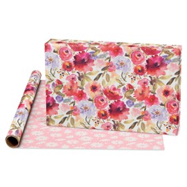 American Greetings 120 sq. ft. Reversible Flower Wrapping Paper Set for Birthdays, Weddings, Bridal Showers, Floral, Stripes and Polka Dots (4 Rolls, 30 in. x 12 ft. each)