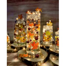 100 Floating Realistic Fall Leaves- Pumpkins- Mums & Pearls- Large sizes- Fills 2 Gallons of The Transparent Water Gels for Vases- with Pre-Measured Prep Bag- 6 Warm White Submersible Fairy Lights