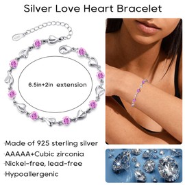 EXGOX Silver Bracelet for Women,925 Sterling Silver Love Heart Bracelet Shiny Crystal Diamond Adjustable Heart Bracelet for Women Girls, 8.5 inch