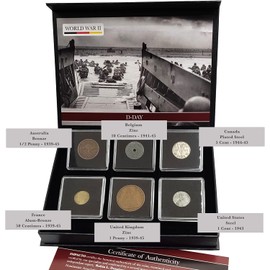 IMPACTO COLECCIONABLES World War II - 6 coins used during the war D-Day Collection (1944) Special Collector's Memorabilia Includes Certificate of Authenticity