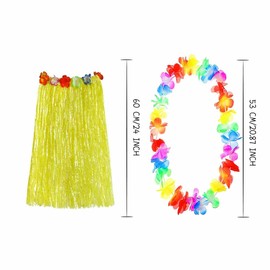 60CM Hula Skirt Costume Hawaiian Leis Dancer Dress Set with Flower, Hawaiian Lei, Fancy Dress Hula Necklace for Adults Fancy Dress Supplies Party Summer Beach Tropical Party - Yellow
