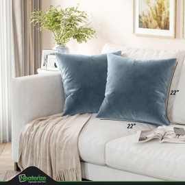 NEATERIZE Premium Velvet Pillow Covers 22x22 Dusty Blue - Washable Decorative Fabric Throw Pillow Covers for Couch or Bed - Set of 2