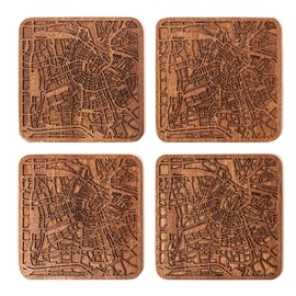 Amsterdam Map Coaster, Set of 4, Sapele Wooden Coaster with City Map, Handmade