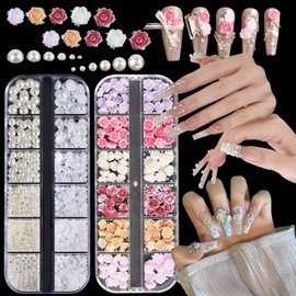 Mixed Sizes Flat Back Pearls Kit 3D Nail Art Charms，Gradient Red Pink White Rose Camellia Flower with Pearls 3531Pcs Off white and White AB Half Round Pearls Beads Jewelry Art Design Manicure DIY