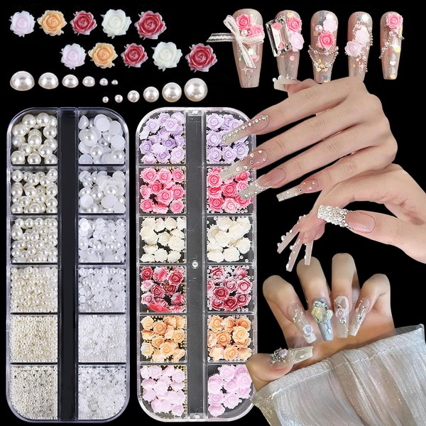 Mixed Sizes Flat Back Pearls Kit 3D Nail Art Charms，Gradient