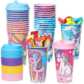 FZR Legend Unicorn Party Favors Goodie Cups, 24 Pack Birthday Party Cups in 4 Colors, 16OZ Reusable Rainbow Plastic Party Supplies Decorations Cups with Lids Plugs for Girls Kids Boys