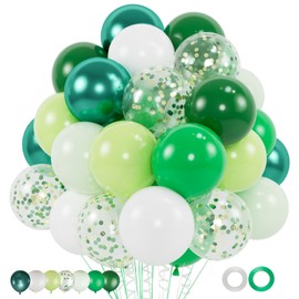 100pcs Green Balloons Set, 12 Inch Metallic Emerald Dark Green Balloons Lime Green and White Confetti Balloons for Birthday Jungle Safari Party Supplies St. Patrick's Day Decoration