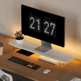 AFOOYO Monitor Stand Riser,31.5-Inch LED Light Wood Computer Monitor Stand with Adjustable Acrylic Legs,Desk Accessories Desktop Organizer Stand for Computer,Laptop,Printer,PC TV Screen Riser，White